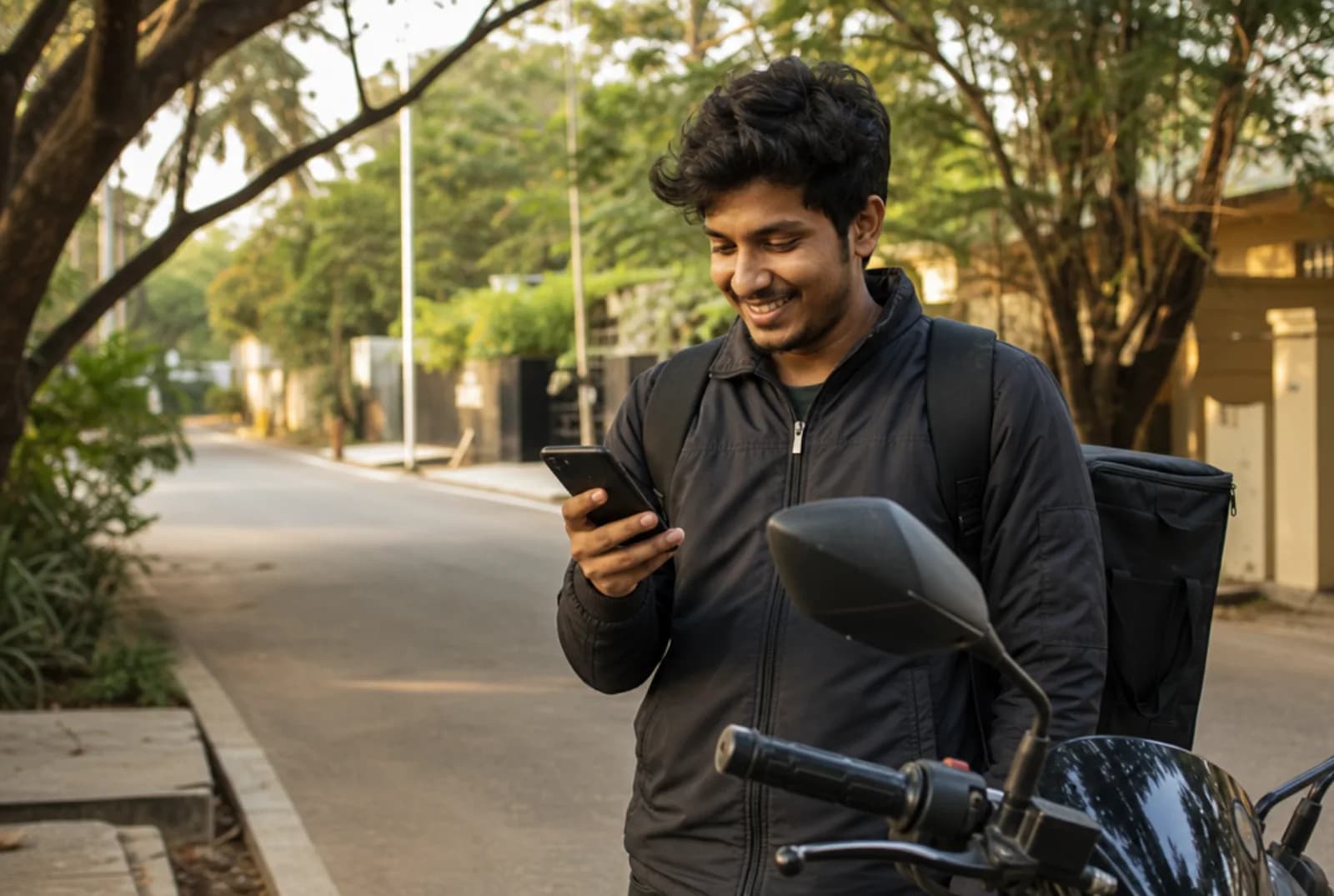 Delivery rider checking his phone beside his motorbike on a Bengaluru street